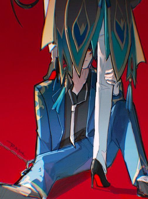 the image is a piece of digital fanart, likely inspired by genshin impact, depicting scaramouche and raiden shogun in a close, intimate pose.  scaramouche, in a sharp blue suit, is seated with raiden shogun's leg resting on his lap; he appears to have a somewhat submissive posture.  raiden shogun is dressed in an elegant, flowing white and teal dress with high heels, only her legs and a portion of her dress are visible. the background is a bold, flat red.  the art style is stylized, with a focus on dynamic lines and dramatic contrasts in color and lighting, consistent with modern anime and manga trends. a chain is partially visible in the lower left corner, adding to the image's intrigue. the overall mood is romantic but also suggestive of a power dynamic.