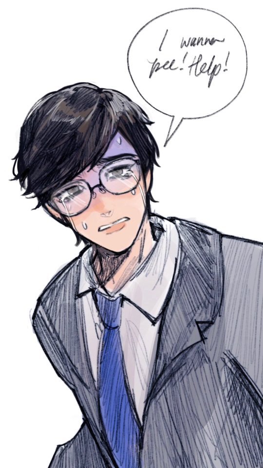 the image is a digital drawing or sketch in an anime/manga style. it depicts a young adult male character, seemingly a businessman in a suit and tie, who is crying and appears distressed. he is wearing glasses and has black hair. a speech bubble above him reads, "i wanna pee! help!"  the overall style is slightly rough, suggesting a quick sketch or a work in progress. the emotional expression of the character is the main focus.