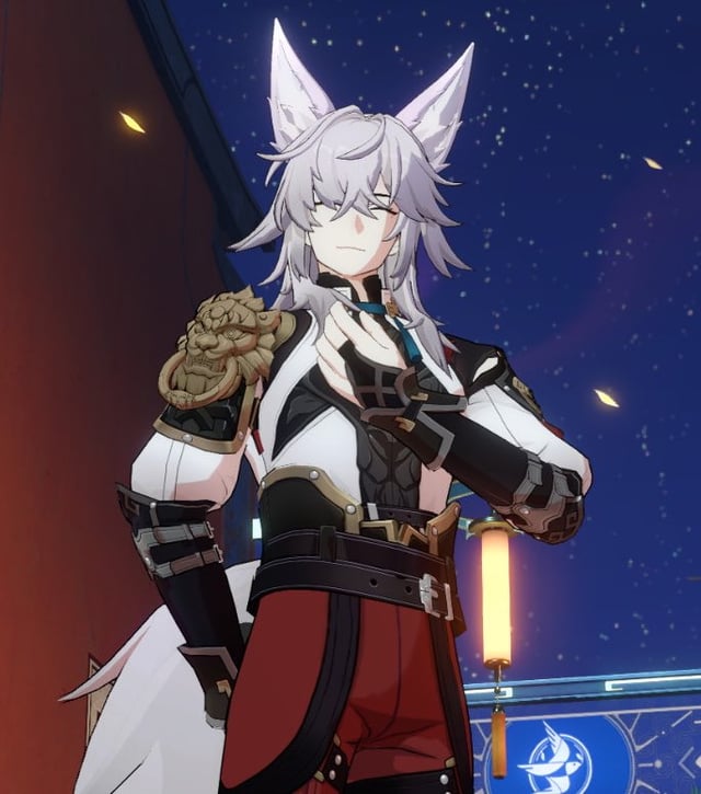 the image shows a male anime character from the game genshin impact. the character has white hair and blue eyes, and is wearing a white shirt with a black belt, black gloves and red pants. he has a golden arm armor and fox ears. in the background, we can see a starry night sky.