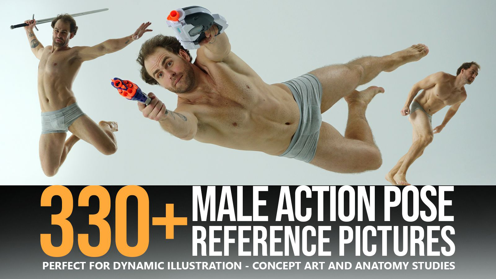 this image advertises a product of 330+ male action pose reference pictures, perfect for dynamic illustration, concept art and anatomy studies.  it showcases 3 men in various poses, one leaping through the air with a sword, another diving forward with a toy gun, and one holding a toy gun while leaping through the air.  all three are wearing white undergarments. the image is clean and minimal, with a white background.