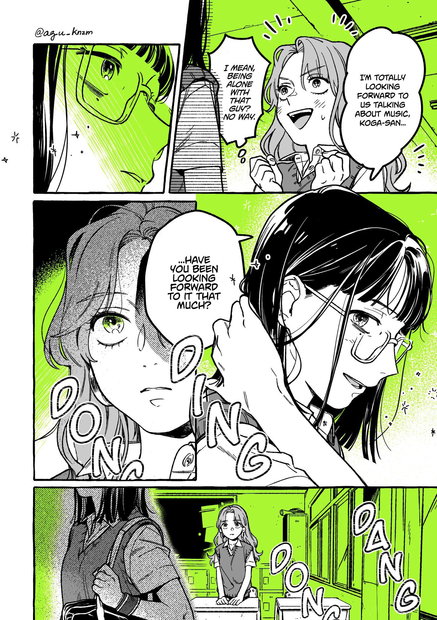 he image is a mangastyle comic featuring several panels depicting a conversation between two schoolaged girls. the background is a vibrant lime green, contrasting sharply with the black and white artwork.  the girls are discussing an upcoming meeting with a boy named kogasan, and one girl expresses her excitement about talking to him about music.  the dialogue bubbles and onomatopoeia (such as "dong" and "dang") add dynamism to the scene. the art style is clean and expressive, with detailed character designs and emotional nuances evident in the facial expressions. the overall mood is lighthearted and suggestive of a budding friendship or romantic interest.