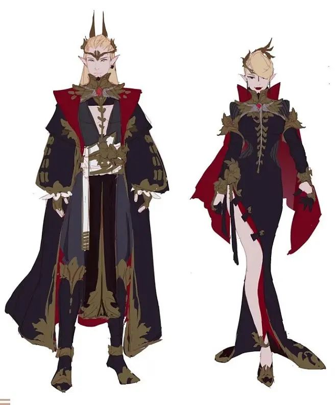 the image shows concept art of two fantasy characters, a male and a female, dressed in elaborate, darkcolored robes and gowns.  both characters have pointed ears suggestive of an elven race, and the male character also has horns.  their clothing is rich in detail, featuring gold embellishments and a red accent on the cloaks. the overall style suggests a highfantasy setting, possibly for a video game or other media. the male character's outfit is more flowing and robelike, while the female character's is a more fitted gown with a dramatic train.  both characters have a regal appearance and appear to be from the same court or faction.