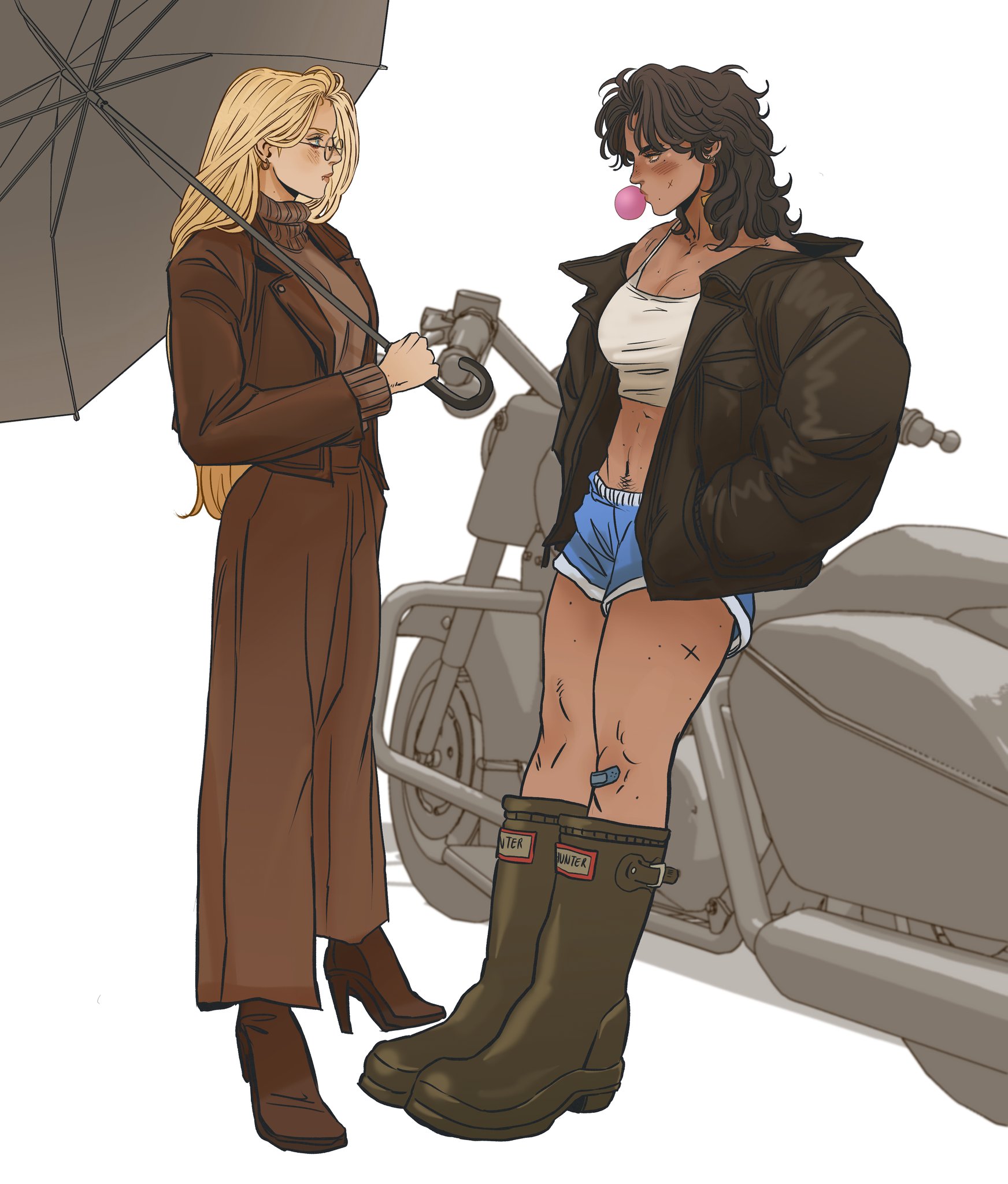 an illustration shows two women next to a motorcycle. the woman on the left is blonde, wearing a brown suit, high heels, and sunglasses, holding an umbrella. the woman on the right is wearing a jacket, shorts, tank top, and boots, and blowing bubblegum.