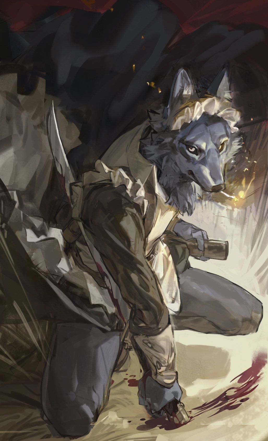 a blue wolf in a maid outfit stands in a dimly lit environment with a knife in its hand. blood is seen dripping from its hand, and the wolf is looking out at the viewer. the background has dark, shadowy shapes and some gold sparks.