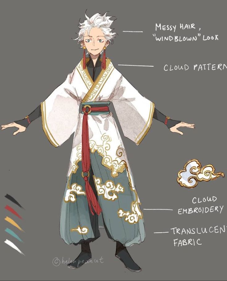 the image shows an anime boy wearing a traditional japanese kimono. the kimono is white with a cloud pattern and gold embroidery. the boy has white hair and is wearing red earrings. the image is a design for a character in a manga or anime. the image also features a closeup of the cloud embroidery and a description of the boy's hair and clothes.