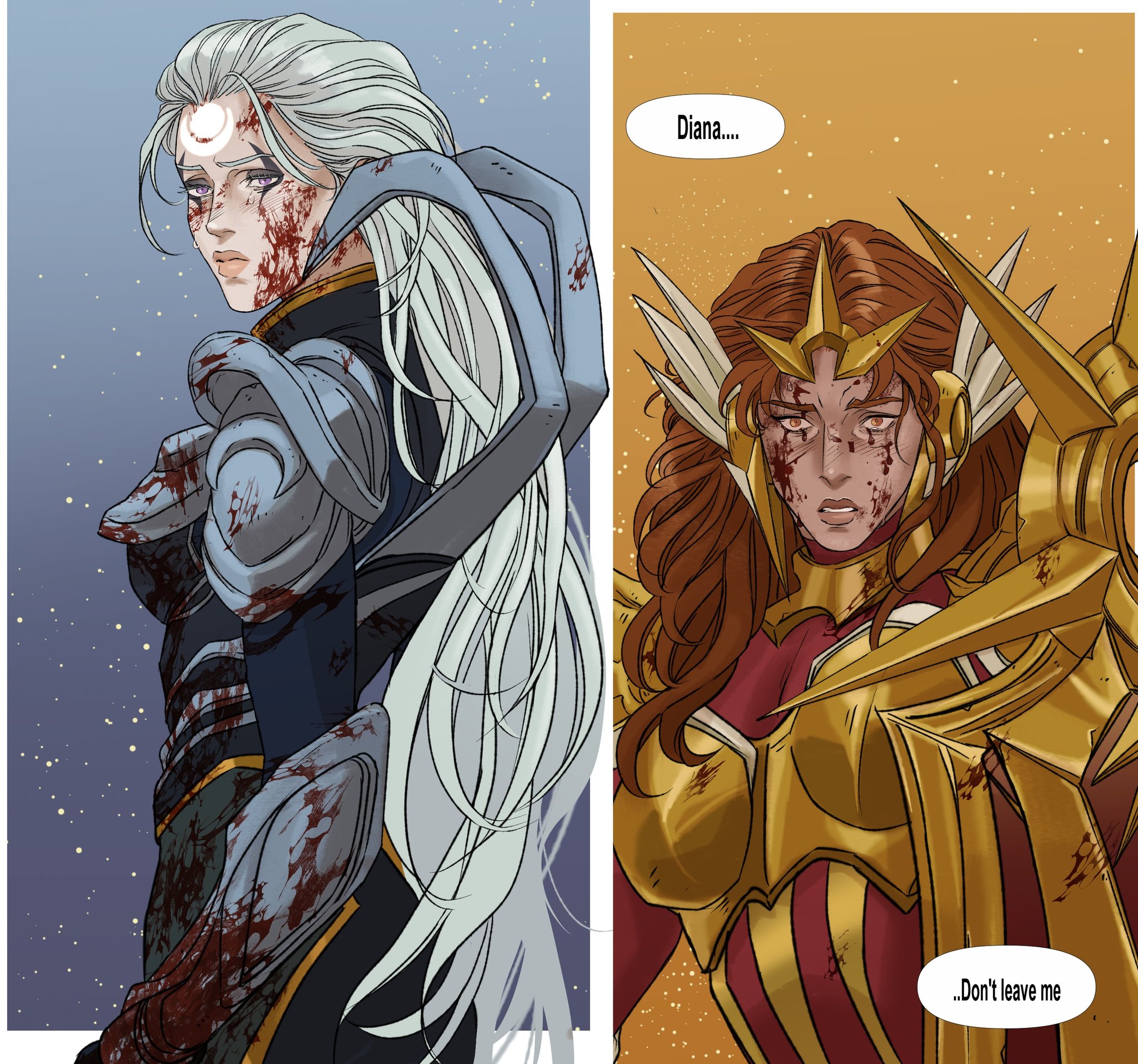 the image is a comic panel divided into two sections. on the left, a woman with long white hair stands with her back to the viewer, looking over her shoulder. she wears armor and has a crescent moon symbol on her forehead. blood spatters her face and armor. the background is a light blue with small white dots. on the right, another woman with red hair and golden armor faces forward, her expression worried. blood also stains her face and armor. a speech bubble above her head says "diana..." and another below says "...don't leave me". the background is a warm yellow color. the overall mood is serious and dramatic.