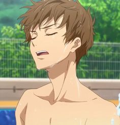 a closeup illustration of a young, tanskinned man with short brown hair. he has his eyes closed, and water droplets are visible on his face and chest, suggesting he's just emerged from a swim.  the background hints at a bright, outdoor setting, possibly a swimming pool, with green foliage visible through a fence. the overall aesthetic is soft and animeinspired.