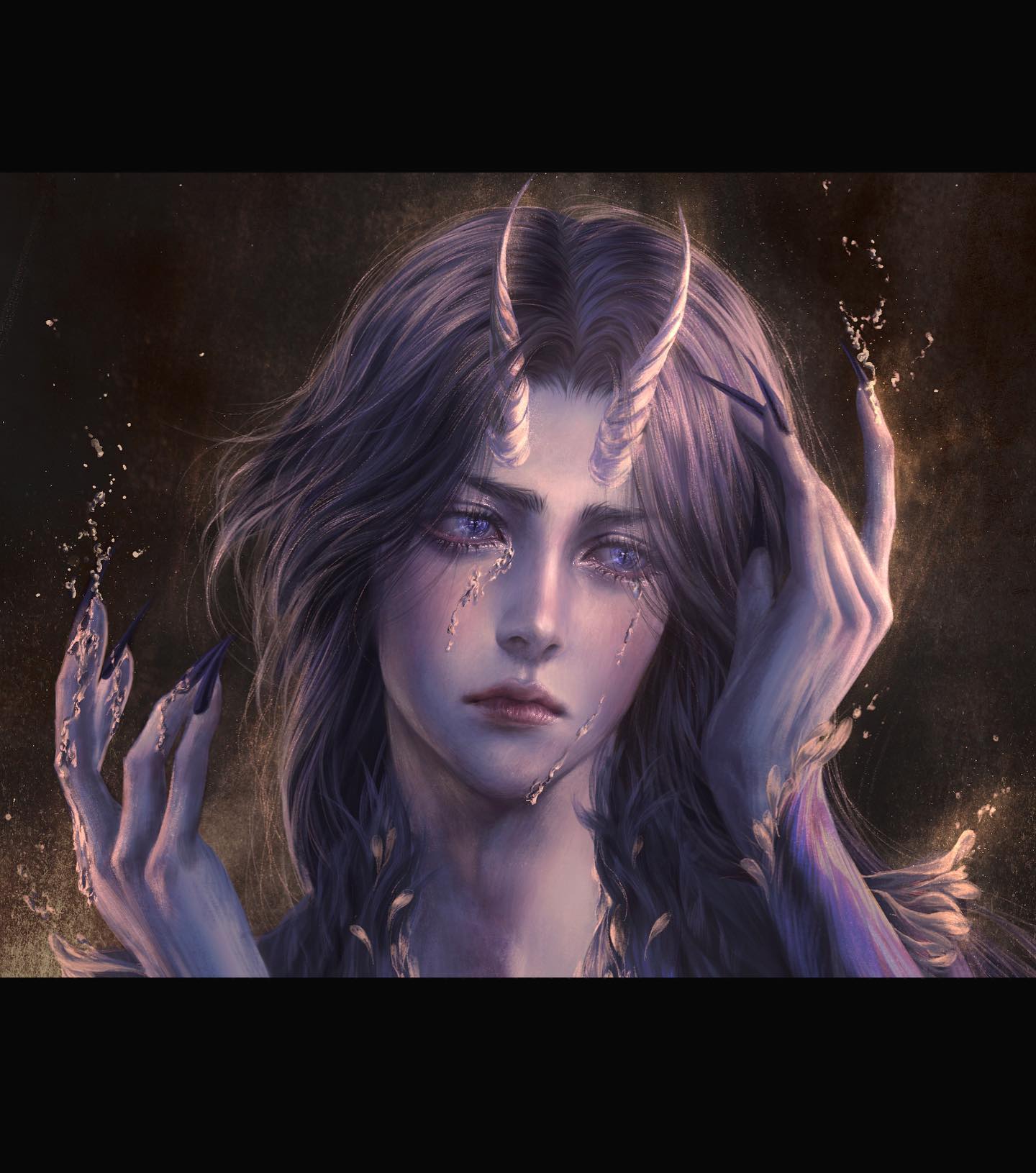 the image depicts a closeup portrait of an androgynous fantasy figure with a sorrowful expression. they possess delicate features, flowing dark hair, and two elegant horns protruding from their forehead, suggesting a demonic or otherworldly nature.  tears, shimmering with a magical glow, cascade down their face and drip from their clawed fingers. the figure's skin exhibits a pale, almost translucent quality, further emphasizing their ethereal beauty. the background remains a dark, abstract wash of colors, drawing attention to the subject's emotional state. warm, soft lighting bathes the figure from above, highlighting their delicate features and the glistening tears.