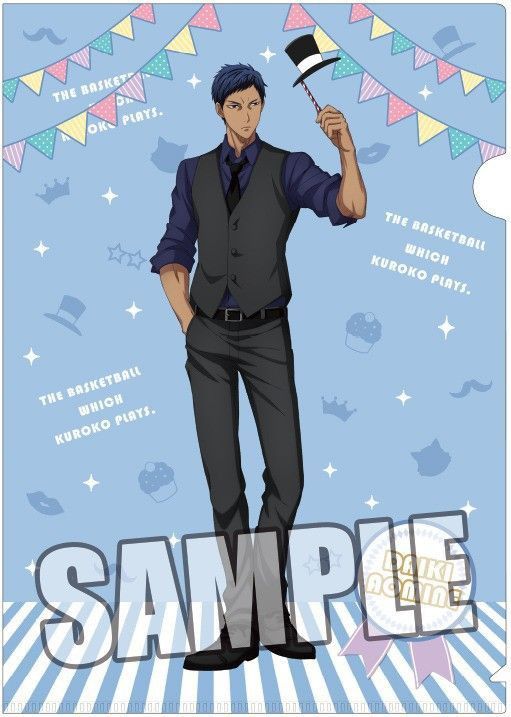 this is a sample image of a clear file with the character tetsuya kuroko from kuroko's basketball on it. kuroko is wearing a suit with a vest and holding a hat in his right hand. the background is blue with white flags, stars, and cupcakes.