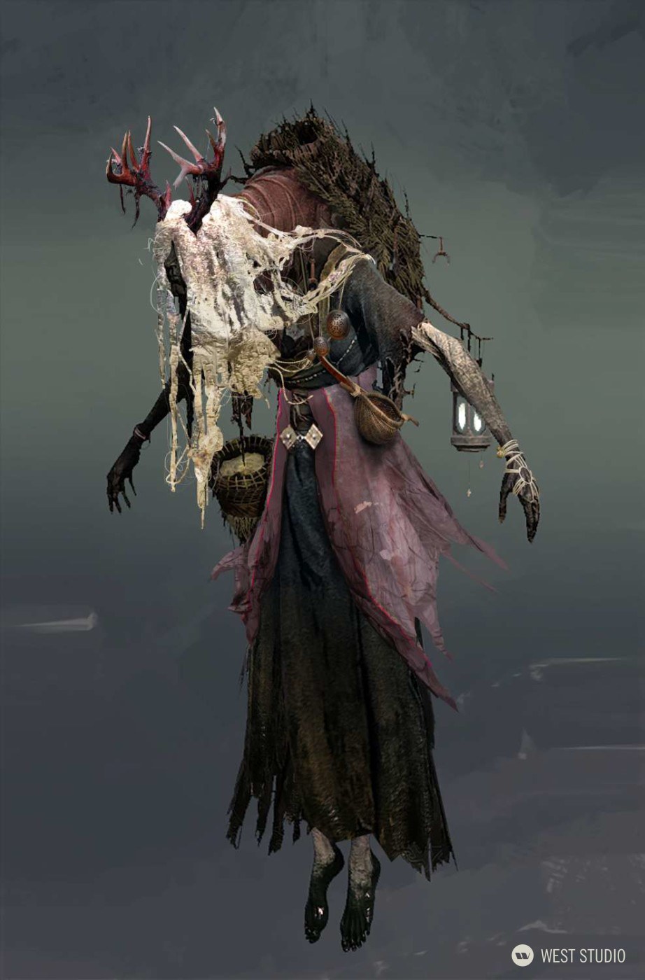 a haunting digital painting of a floating creature against a muted, misty background. the being has a decaying, skeletal body draped in tattered cloth. it wears a long, dark robe and carries various trinkets and a lantern. the most striking feature is the grotesque, multilimbed growth erupting from its neck and head, partially concealed by torn fabric. the creature's overall appearance is eerie and unsettling.