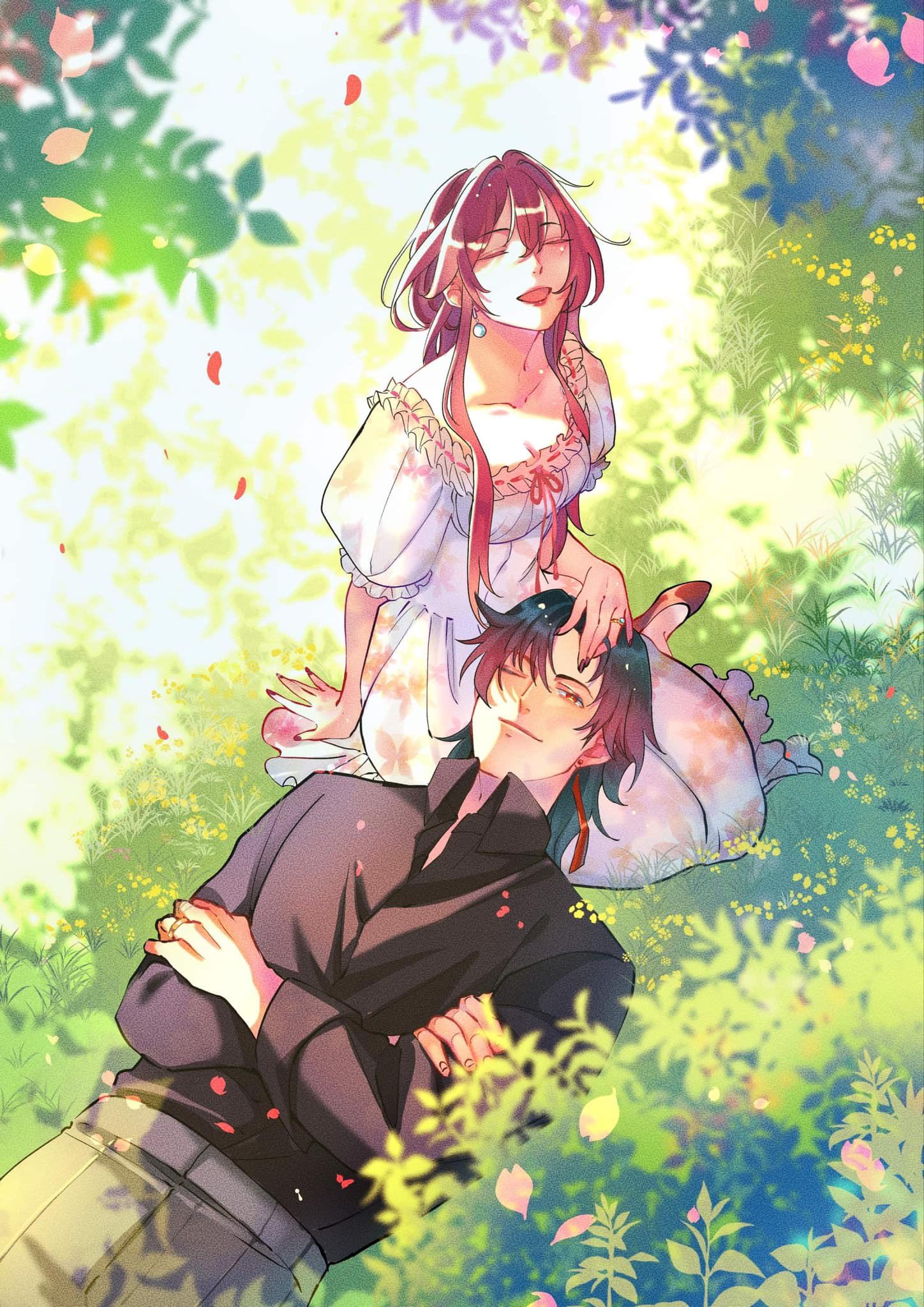 this is a digital art illustration of a couple in a romantic setting. the woman is wearing a pink dress and the man is wearing a black shirt. they are surrounded by flowers and green grass, and there are many pink flower petals falling around them. the image is bright and colorful, and it evokes a sense of peace and happiness. it looks like a scene from an anime or manga.