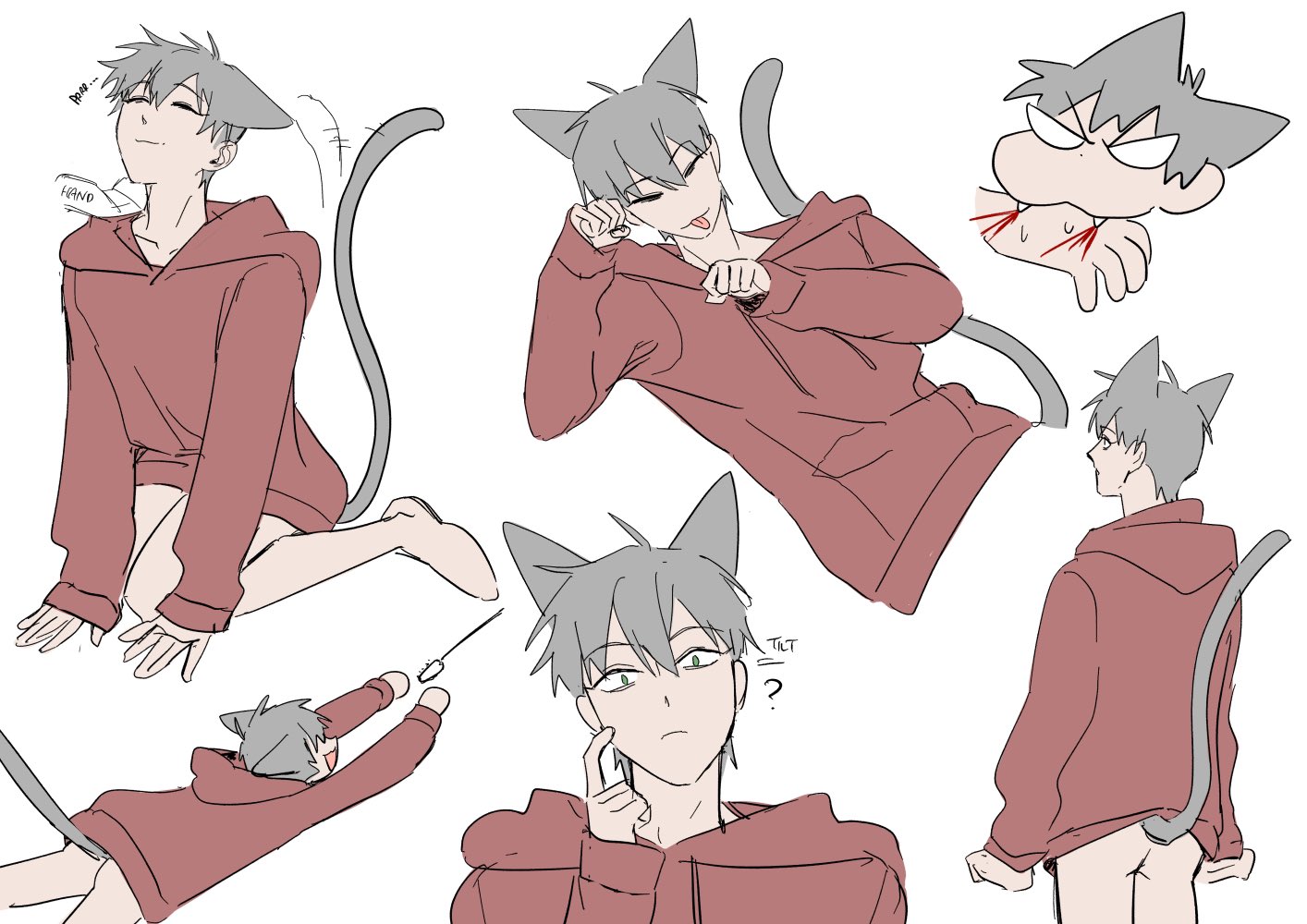 this is a digital illustration featuring an anime boy in a pink hoodie. he has cat ears and a tail and is drawn in a variety of poses. he is depicted as both cute and slightly mischievous. the image is drawn in a manga style and has a lighthearted and playful tone.