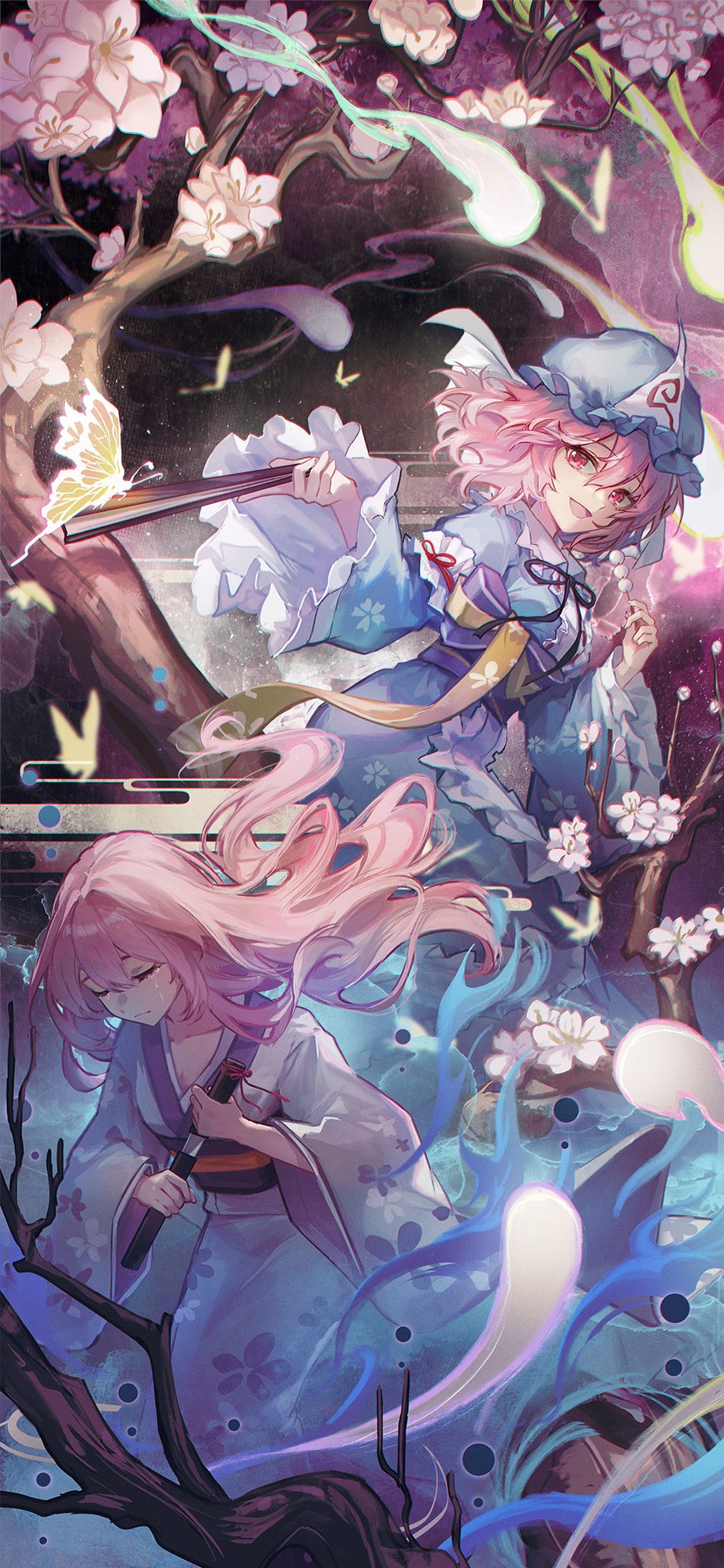 he image is a vibrant digital painting or illustration featuring two animestyle girls in flowing, blue kimonos adorned with cherry blossoms. the girls have long pink hair and are positioned amidst a swirling fantasy scene filled with cherry blossom branches, butterflies, and ethereal light trails. the overall style evokes a mystical and magical atmosphere, possibly inspired by japanese art and culture. one girl appears to hold a musical instrument, adding to the whimsical feeling of the artwork.  the color palette is primarily pastel pink, blue, and purple with accents of brighter colors. the style is reminiscent of anime and fantasy art, with a focus on beautiful line work and dreamy atmosphere. the piece likely depicts characters from the touhou project, referencing the characters cirno and reisen udongein.