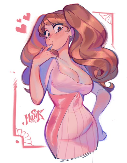 a cartoon drawing of a beautiful woman with long brown hair. she is wearing a pink dress and has a look of love in her eyes. the drawing is set against a white background with pink hearts and a decorative border. the style of the drawing is reminiscent of pinup art.