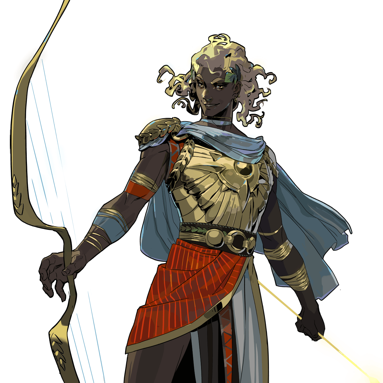 a man with golden blonde curls and dark skin is drawn in a detailed illustration. he is wearing ornate gold armor and a red and gold loincloth with a blue drape over his left shoulder. the character has a large bow and arrow in his hands, and a smirk on his face as he stares ahead.