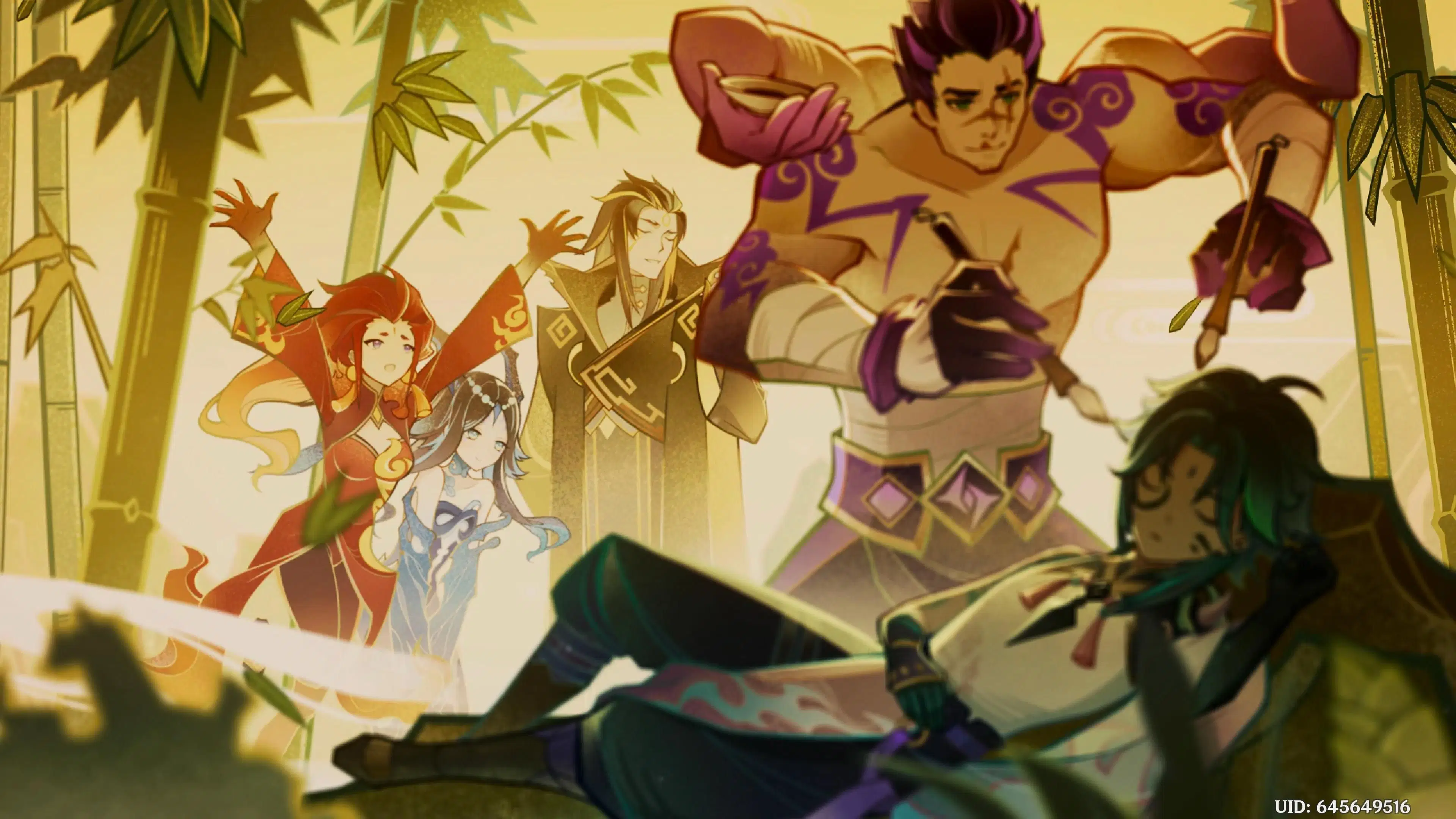 this is a digital art style fan art illustration of various genshin impact characters such as xiao, hu tao, ganyu and itto.