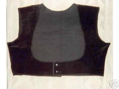 a black vest is displayed on a white background.