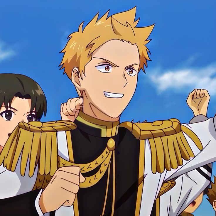 the image is a digital illustration of an anime character. he is a young man with blond hair and blue eyes. he is wearing a white uniform with black and gold trim. he has a happy expression on his face, and he is smiling broadly. the background of the image is a blue sky with clouds. the man appears to be excited or cheerful.