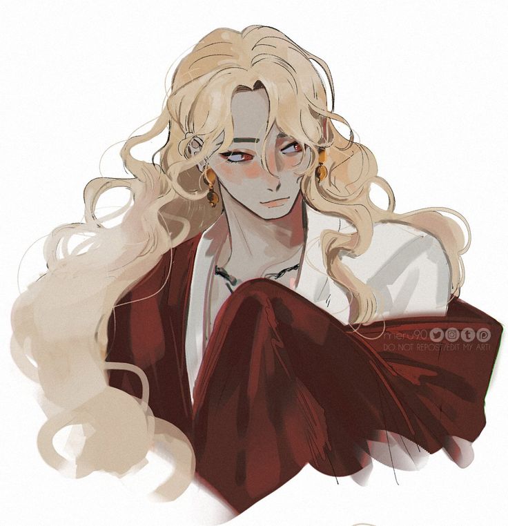 the image is a digital painting or illustration of a stylized male anime character.  he has long, flowing blonde hair, pale skin, and striking redrimmed eyes. he is wearing a red robe or garment over a lightercolored undergarment, and gold earrings.  the style is painterly and slightly loose, with soft shading and blending, giving the character a romantic and ethereal quality. the background is simple and uncluttered, drawing focus to the character. the art style suggests a blend of asianinspired clothing and a modern anime aesthetic.  a small watermark is visible in the lower right corner.