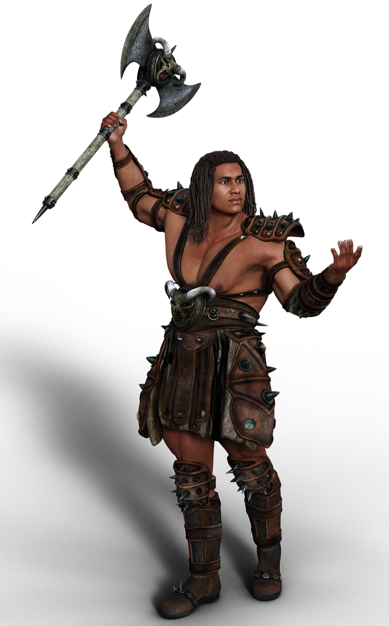 a muscular man with dreadlocks is posing in leather armor while holding an axe over his head. he is standing against a black background.