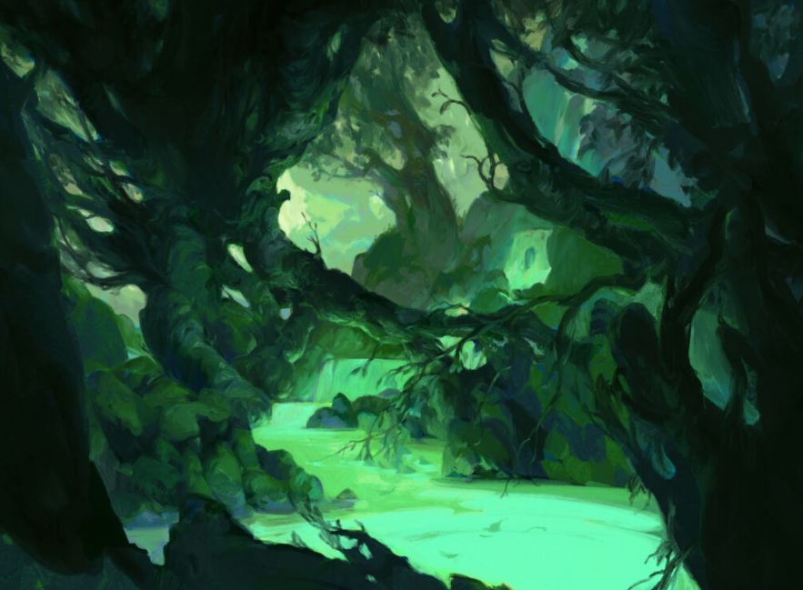 a painting of a lush, green forest with a stream running through it. the trees are tall and thick, creating a sense of depth and mystery. the sunlight filters through the leaves, creating a dappled effect on the ground. the stream is clear and reflects the surrounding greenery. the overall atmosphere is one of tranquility and peace.