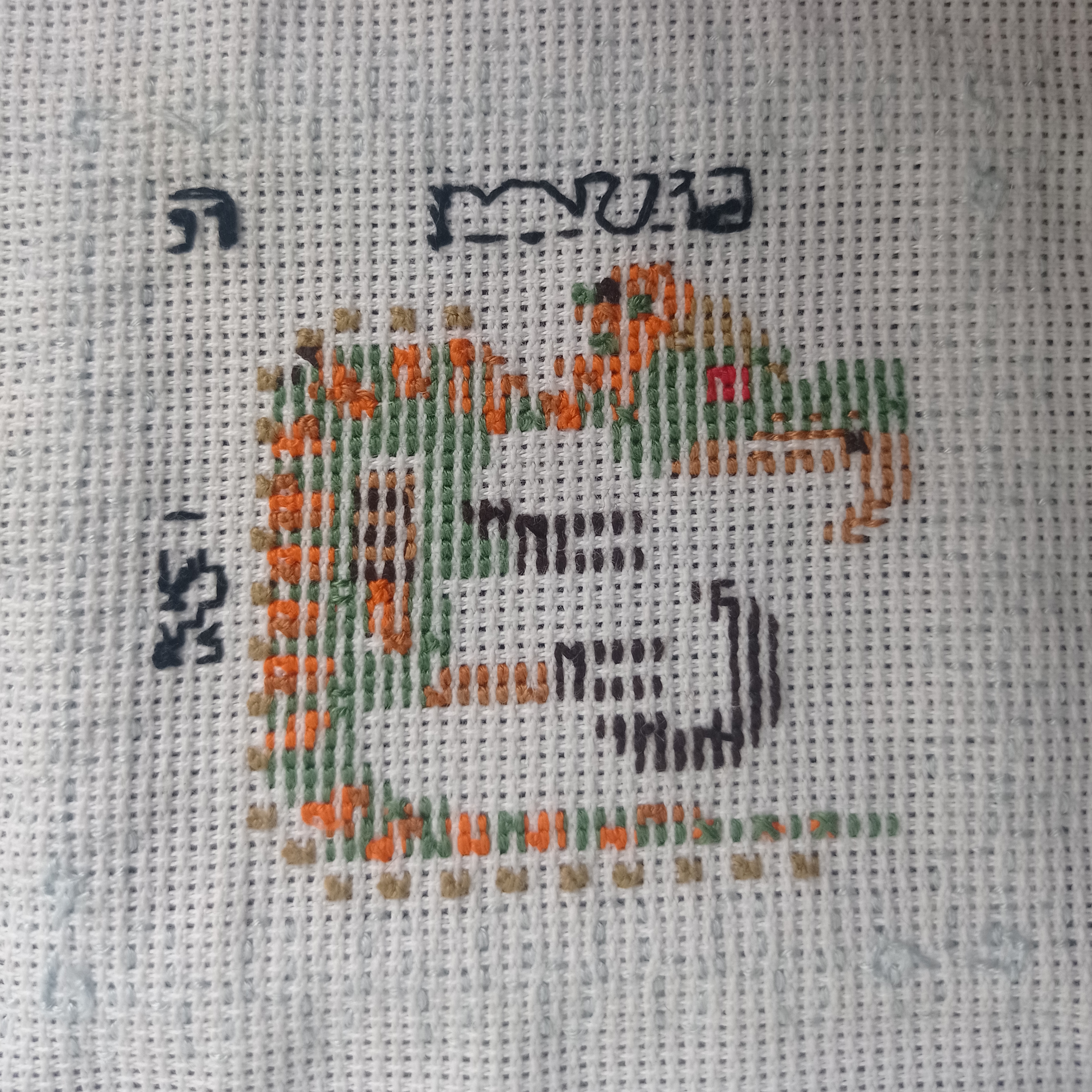 a closeup image of a crossstitched lizard design on a fabric. the lizard is primarily green and orange, with some brown and black accents. text is visible near the lizard design, which may be part of a pattern or guide. the fabric has a visible crossstitch grid pattern.