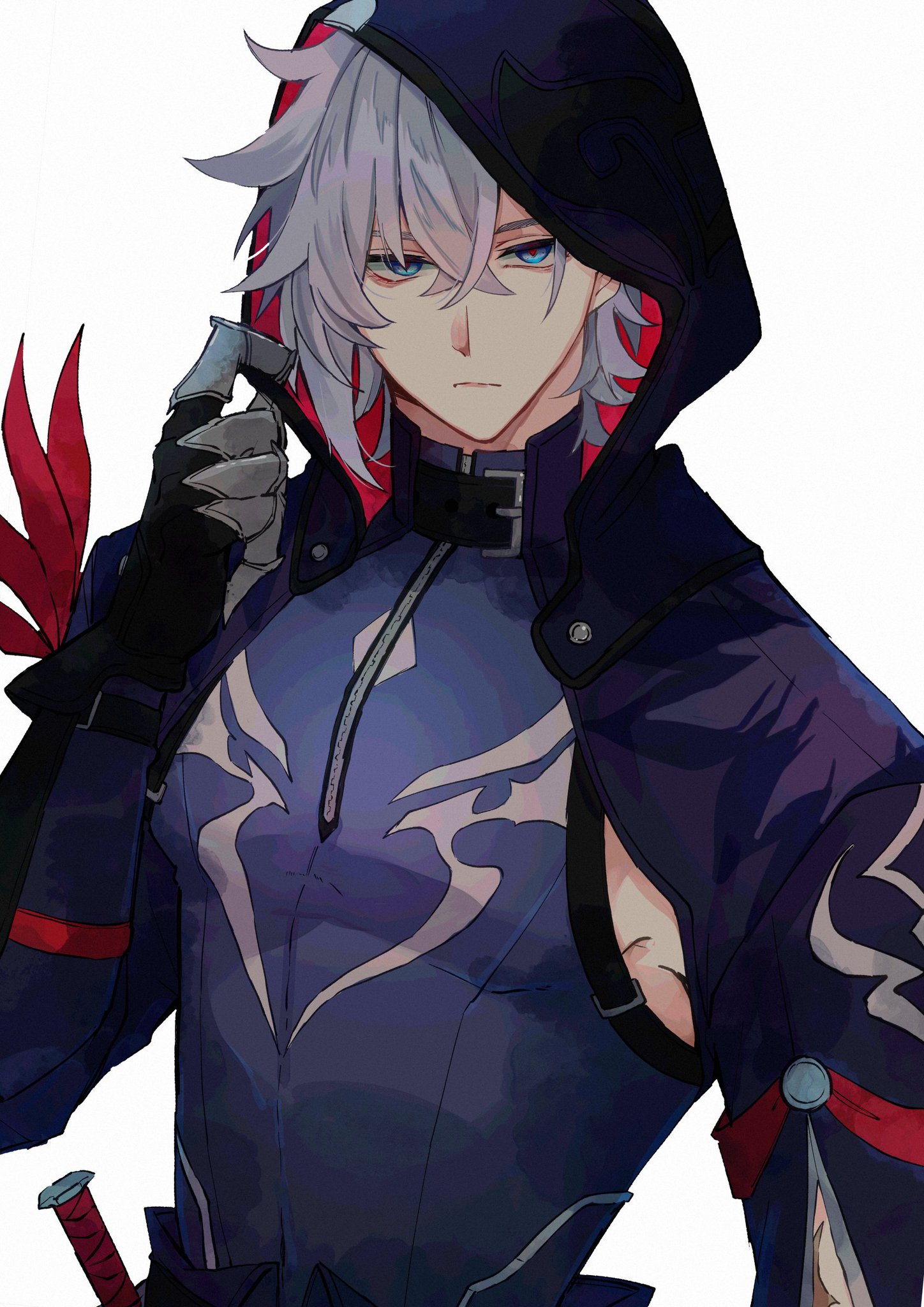 the image is an anime illustration of a young man with long white hair, black cloak with red details, blue shirt with a design, holding his hand on his face. his right hand is visible with a black glove on it. the character has an intense and mysterious look.