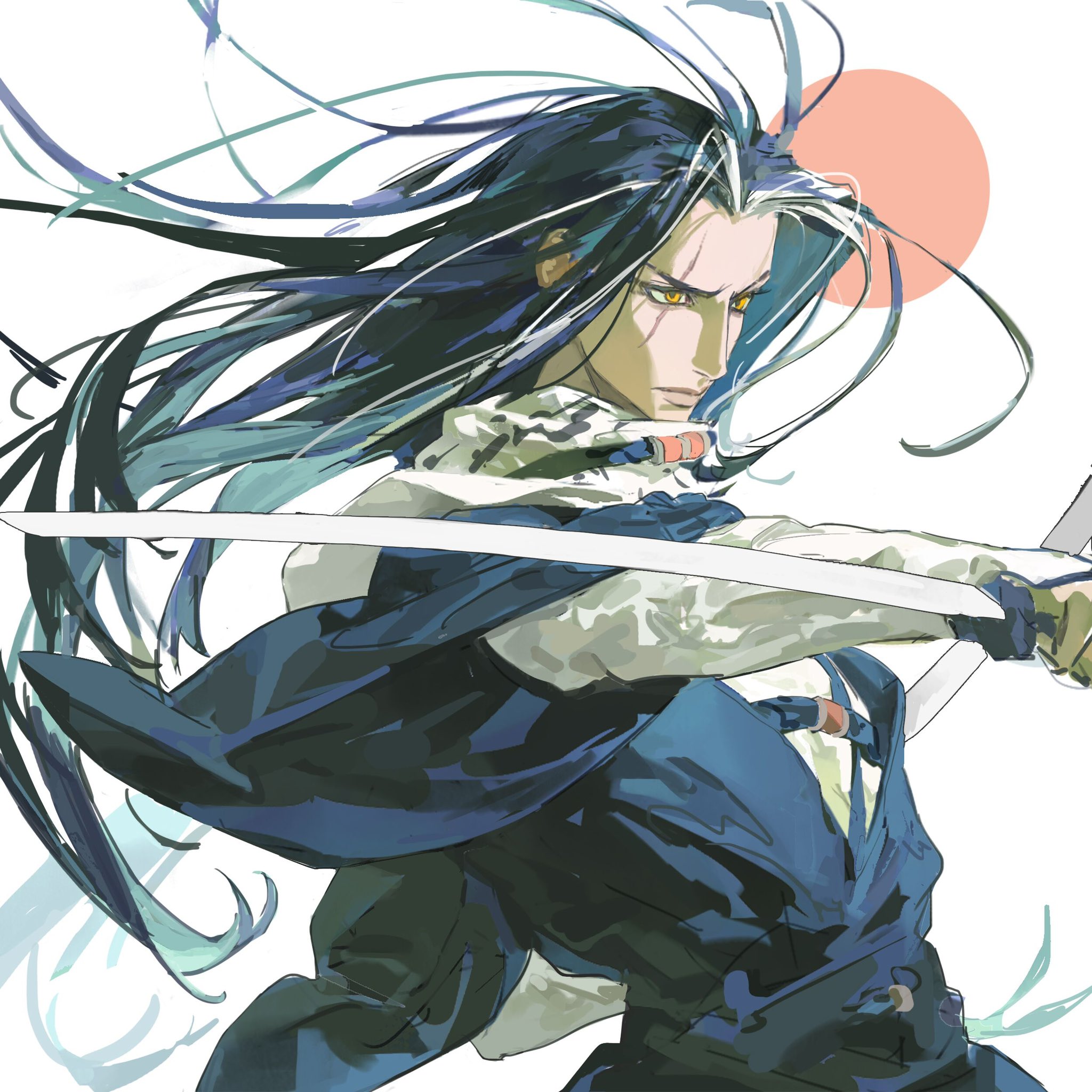 this is a digital art illustration of an anime character. the character has long blue hair and is wearing a blue and white outfit. he is wielding a white sword and is in a fighting stance. there is a pink circle behind him and the background is white.  the illustration is done in a style that is common to anime and manga.