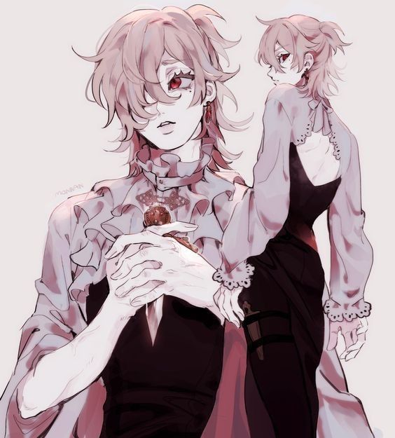 the image is an artwork depicting two animestyle characters, both seemingly malepresenting, with pale skin and long, light pink hair.  the main focus is on the character in the foreground, who is shown from the waist up, holding a dagger to their chest. they wear an elegant, frilly outfit with lace details, suggesting a gothic or lolita aesthetic. their expression is somewhat melancholic, and their red eyes are striking.  a second character, shown in profile and from a slightly further distance, wears a similar style dress and seems to be observing or interacting with the character in the foreground.  the art style is soft, with muted pink and purple tones, emphasizing the characters’ delicate features and elegant attire. the overall mood is mysterious and somewhat dark, fitting within a fantasy or gothic genre.