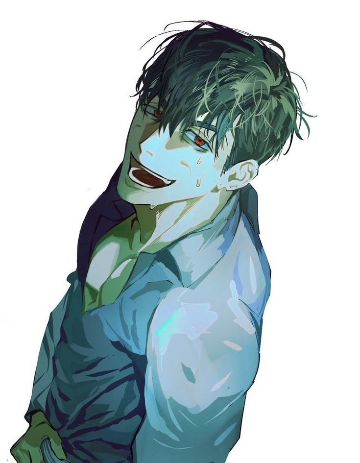 an anime man with black hair and red eyes is shown smiling with a happy expression. his body is facing away from the viewer but he is looking at the camera with his head tilted back. he is wearing a blue shirt and is sweating slightly.
