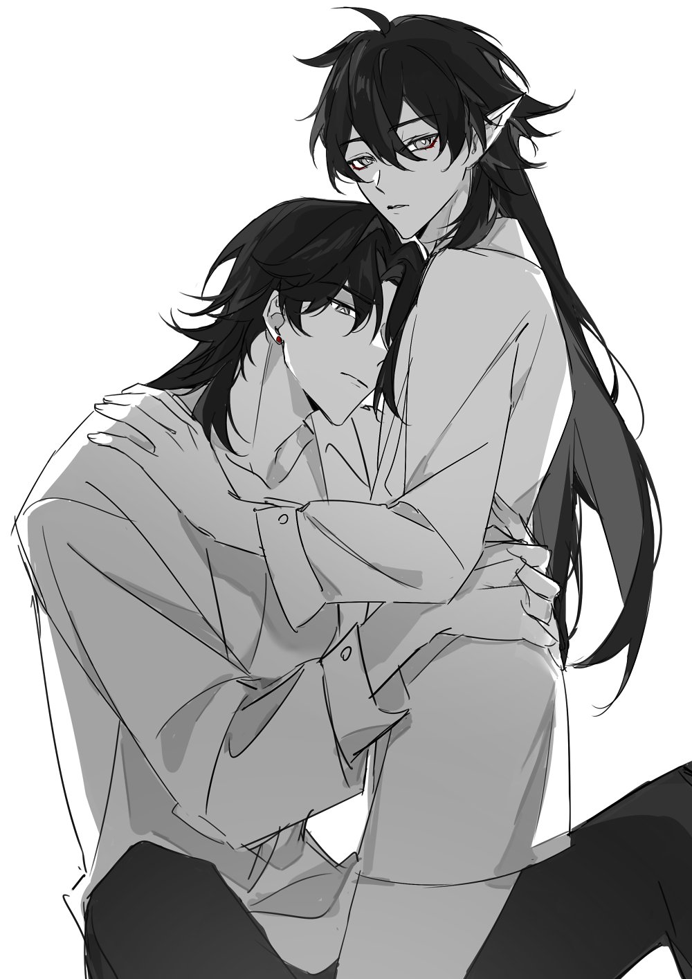 the image is a black and white drawing of two anime men, one with long black hair and the other with short black hair. the man with long hair is holding the other man in a hug. both men are wearing white buttonup shirts and are looking at each other lovingly. the image is drawn in a simple style and conveys a sense of intimacy and affection.