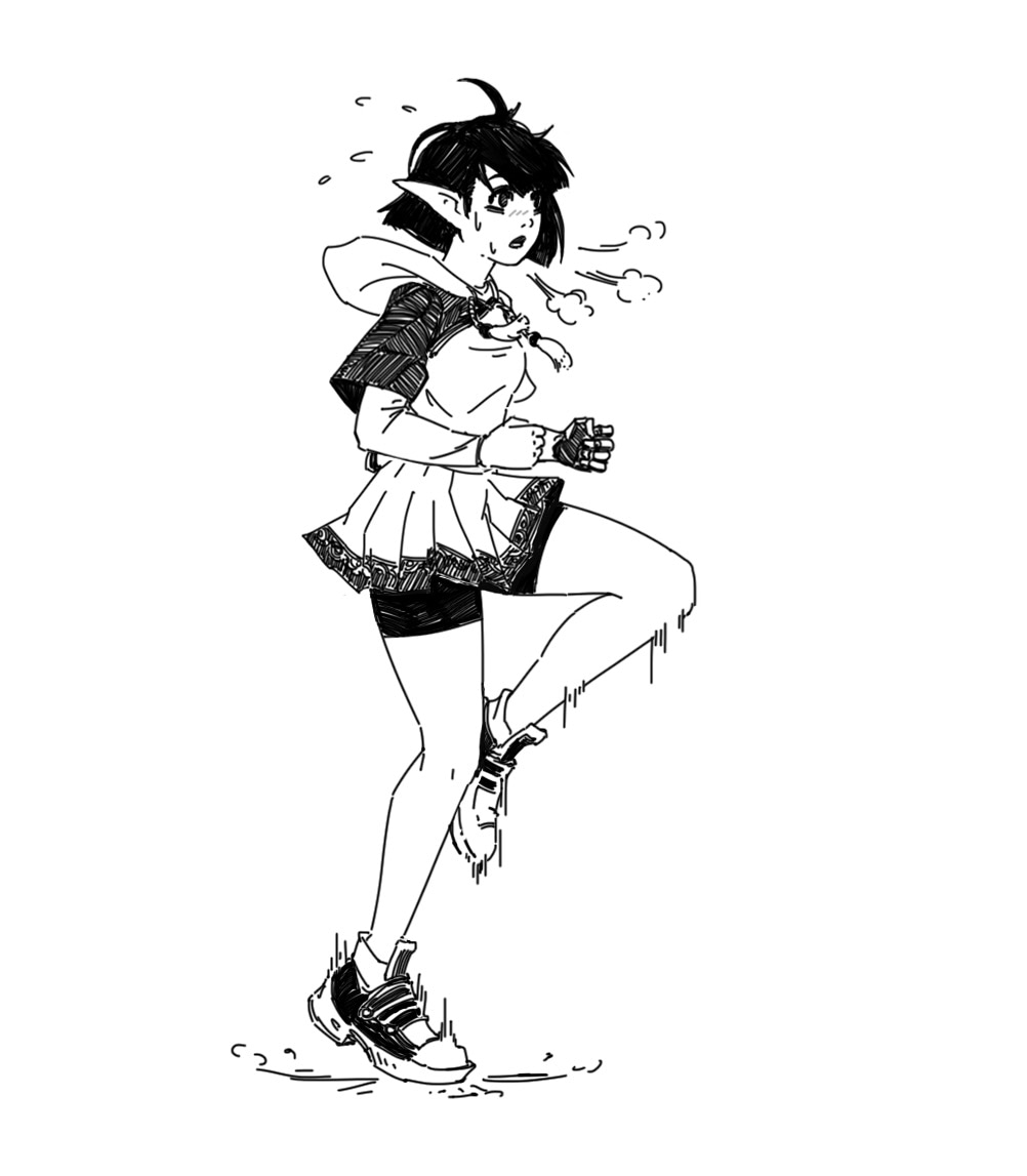 the image is a black and white line art drawing of an animestyle elf girl running. she has short, dark hair, elf ears, and is wearing a hooded top, a short pleated skirt, black shorts, and sneakers.  she appears to be sweating and out of breath, with small lines indicating the exertion. her pose is dynamic, with one leg raised in midstride. the style is reminiscent of manga or comic book illustration. the background is plain white, focusing all attention on the character.