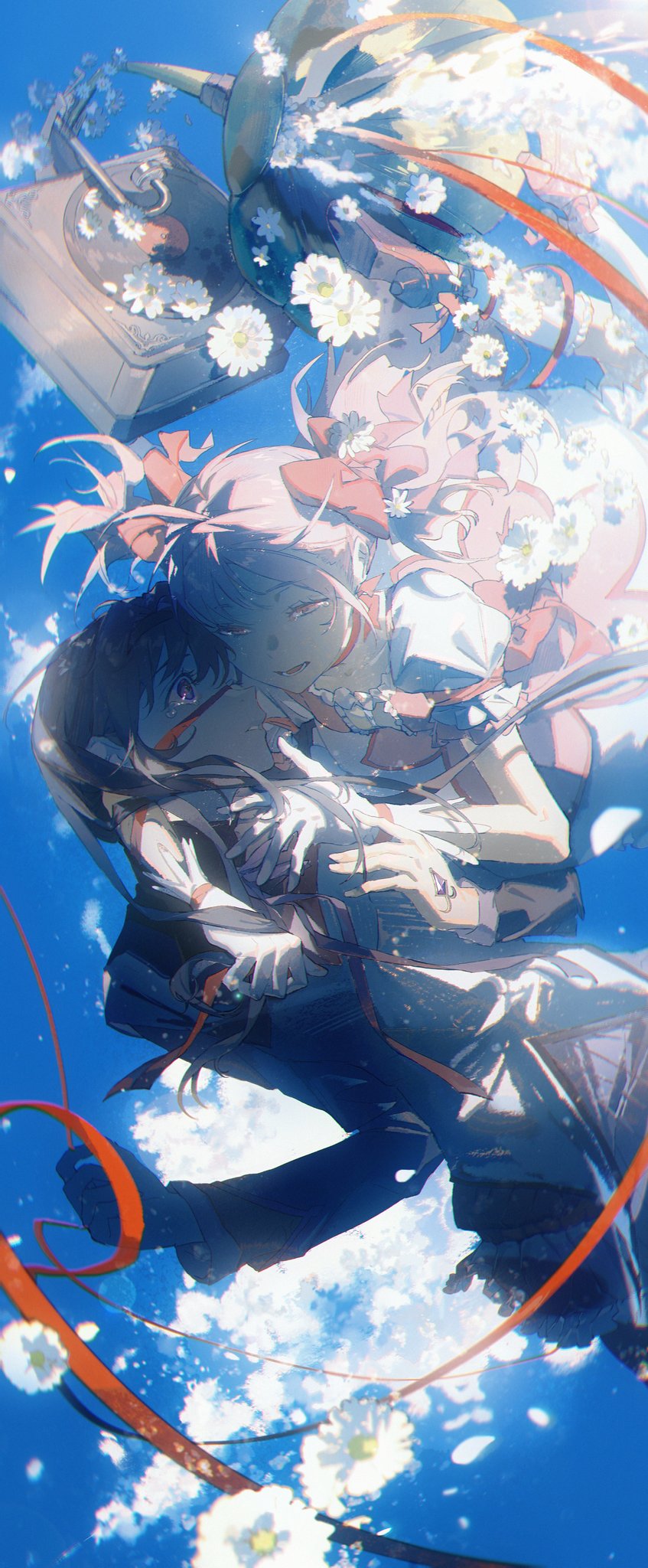 anime artwork featuring two women in mid air, one in a pink dress and one with a sword in a black outfit.  the background is a blue sky with white flowers and clouds, and the two women are surrounded by a pink and white ribbon.