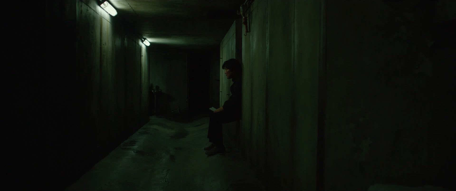 a man sits alone on a ledge in a dark, narrow hallway or tunnel.  the walls are concrete and painted a dark green, contributing to the somber and somewhat eerie atmosphere.  the only light source is a line of fluorescent lights overhead, casting the scene in a dim, greenish glow. the man is silhouetted against the light, making his features indistinguishable.  he appears lost in thought, waiting, or perhaps hiding. the overall mood of the image is one of isolation and uncertainty.