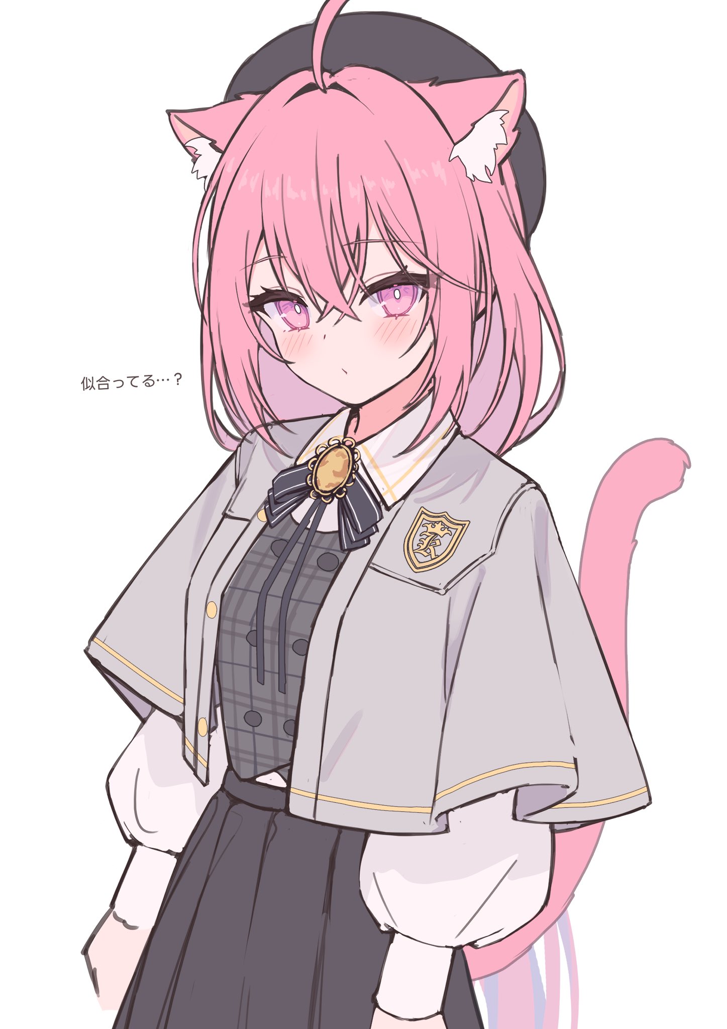 an anime girl with pink hair and cat ears wearing a school uniform. she is blushing and looking at the viewer. the background is white and the lighting is soft.