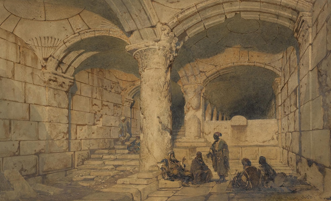 watercolor painting of a vaulted stone chamber with arches, columns, and people. a group of five people in traditional clothing sits on a step in the foreground. a taller figure stands beside them. another person sits on the steps in the background to the left. the architecture features arches and stone blocks. the painting is signed "richardson 1863" in the lower right corner.