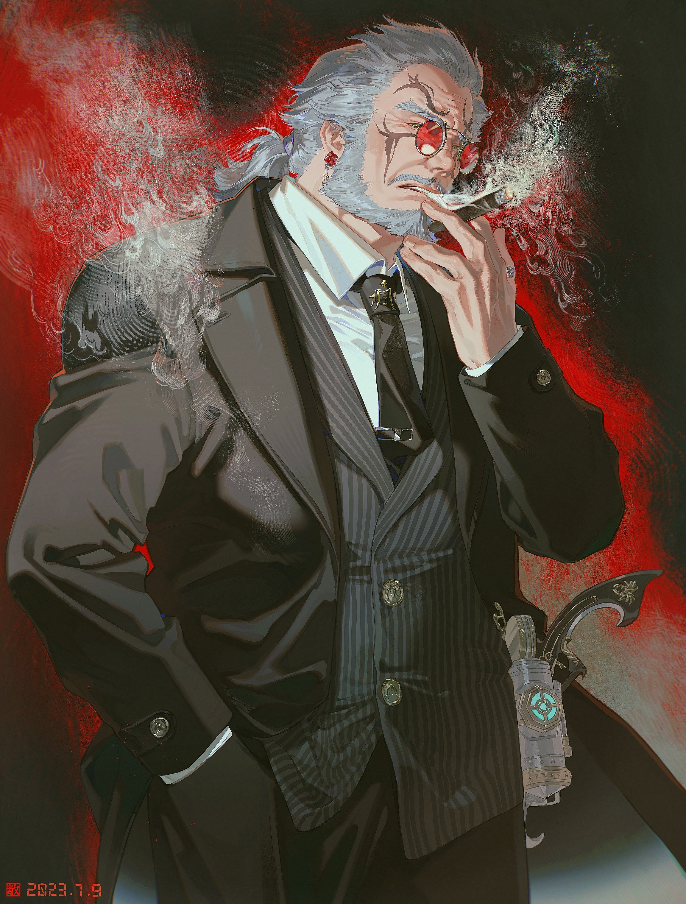 a man with long white hair and a beard is smoking a cigar. he is wearing a dark suit, a white vest, and a tie. he is standing in front of a red and smokefilled background.
