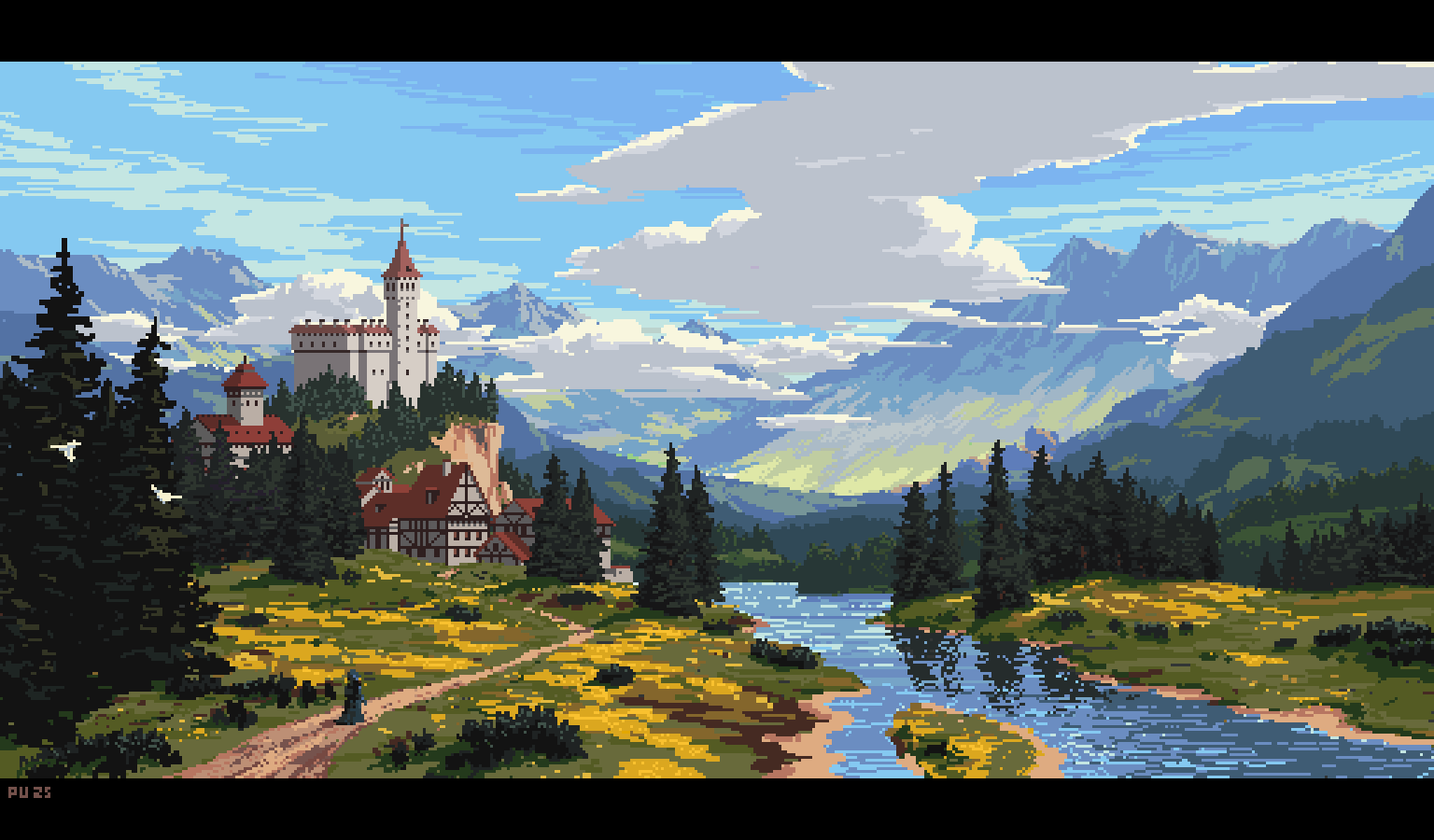a pixel art landscape featuring a castle on a hill, mountains in the background, a river flowing through a meadow with trees, and a person walking on a path. the sky is filled with clouds, and the overall scene has a medieval aesthetic.