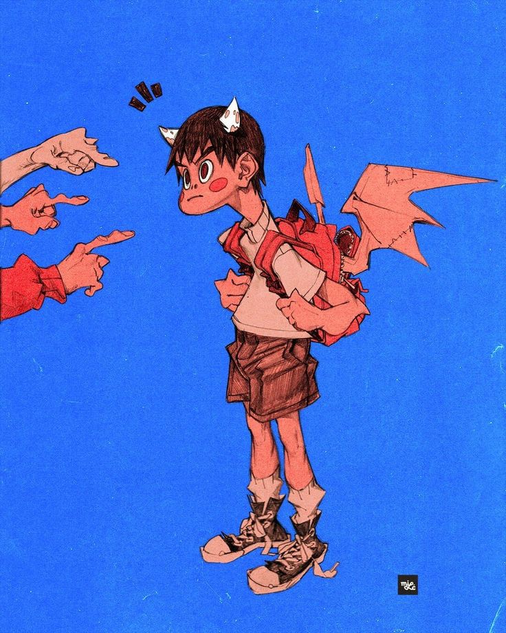 a cartoon illustration of a boy with a devilish appearance with red horns and wings. the boy is wearing a school uniform with a backpack on his back. he is being pointed at by multiple hands coming from the top of the image. he is in a blue background.
