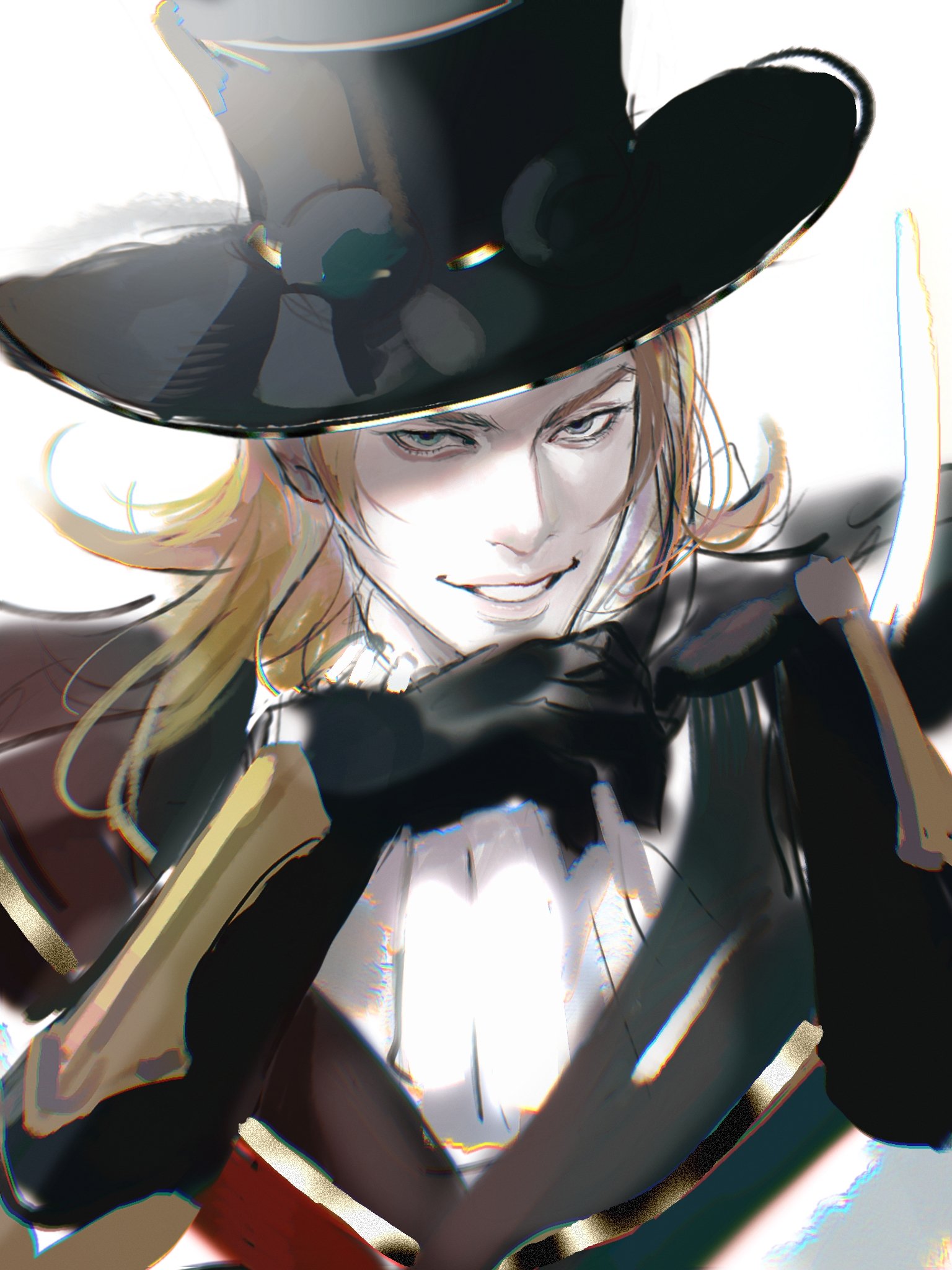 a closeup portrait of a young man with long blonde hair and a sharp jawline.  he's wearing a black top hat, a black suit, and a bow tie, all of which are detailed with gold trim. the background is a soft white blur. the man's expression is one of amusement and a slight hint of mischief, as he gazes toward the viewer.  the image is drawn in an anime style, with bold lines and vivid colors. it evokes a sense of elegance and intrigue.