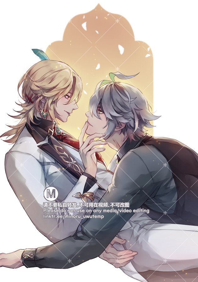 the image depicts a scene of two anime characters, one with blonde hair wearing a white suit and a gold necklace, and another with silver hair wearing a black jacket.  the two are positioned closely to each other, with the blonde character touching the silver haired character’s cheek. the background is a soft yellow with a pattern of small dots and crosses. the overall feeling of the image is romantic and intimate.