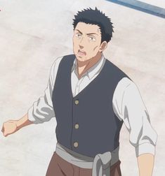 a young man, visibly upset, throws his arm out in a gesture of frustration. he's dressed in period attire, sporting a white shirt, brown pants, and a dark vest. the soft lighting and outdoor setting suggest a daytime scene.