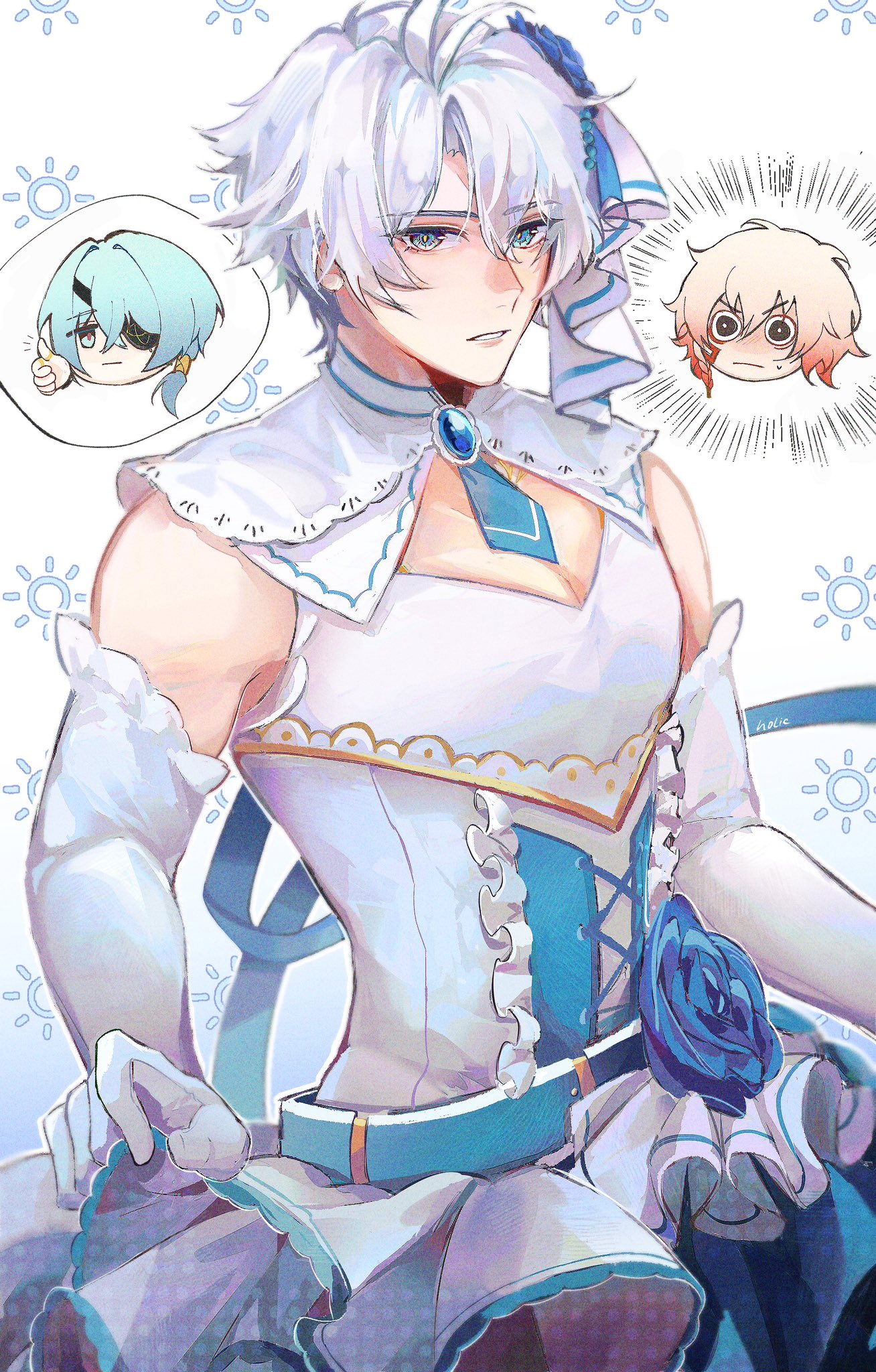 a digital illustration featuring a whitehaired animestyle character dressed in a white and blue dress. the character has blue eyes and is wearing a dress with a blue rose accent. to the left, a cartoon face with turquoise hair and an eyepatch gives a thumbs up, while to the right, another cartoon face with reddishorange hair appears to be embarrassed or surprised. the background includes stylized sun symbols.