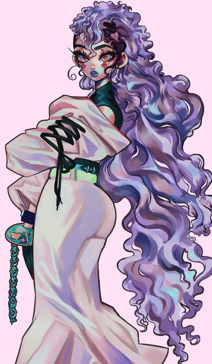 this is a digital illustration of an anime girl. she has long, curly purple hair with streaks of pink and blue. she is wearing a white shirt with a black belt and white pants. she has a silver necklace with a charm on the end, and her blue eyes are heavily madeup. she is standing and looking away from the viewer. the background is a light pink color.
