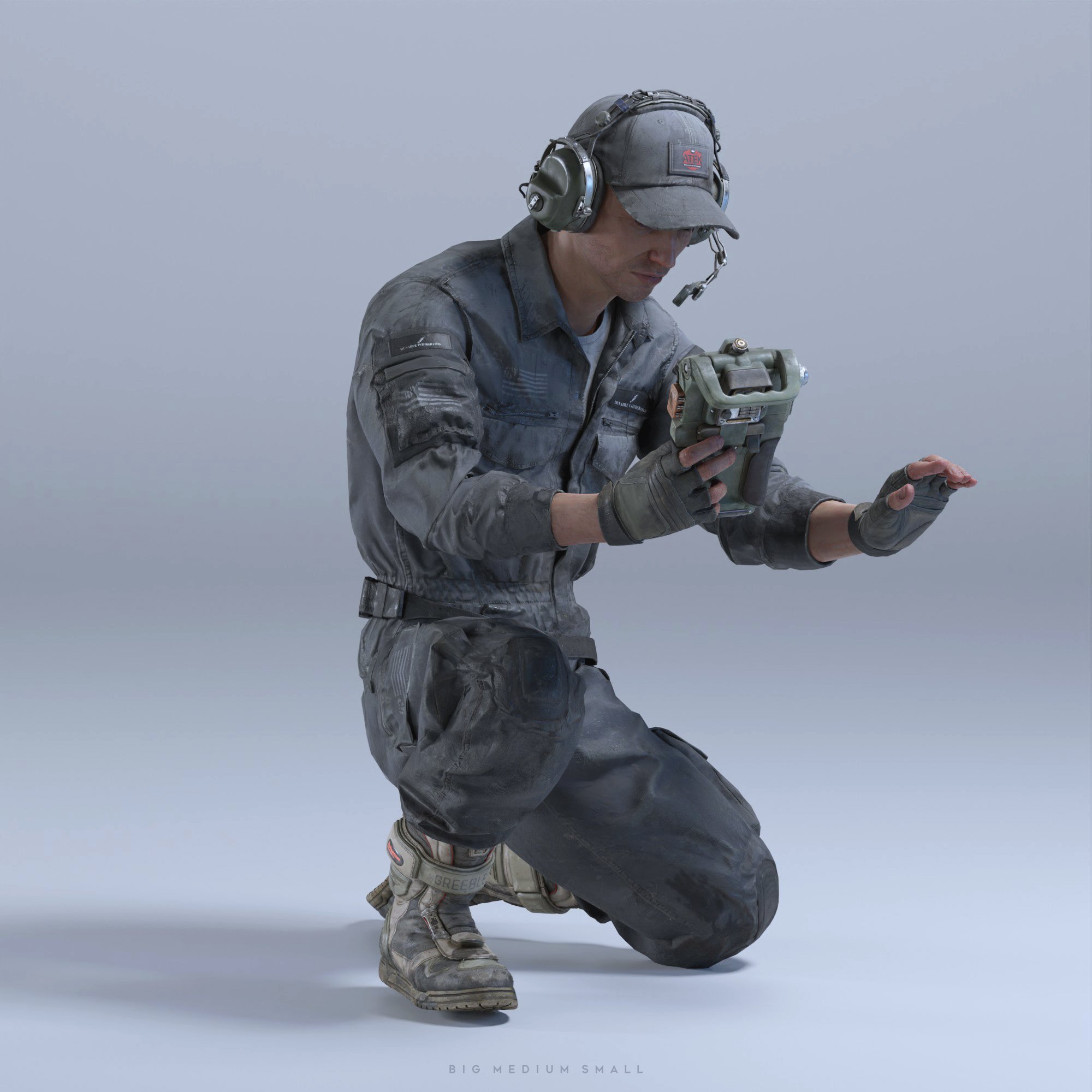the image is a 3d rendering of a male character, possibly a soldier or technician.  he is kneeling, wearing a worn gray jumpsuit, tactical headset, and protective gloves. he is attentively examining a handheld, olivegreen technological device. the overall aesthetic is gritty and realistic, with a focus on detail in the character's clothing and equipment. the background is a simple, light gray, drawing all attention to the character. the scene has a somewhat scifi or postapocalyptic vibe due to the character's attire and equipment.