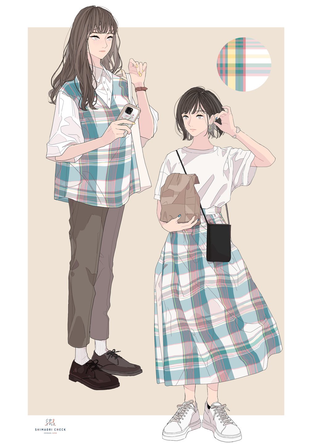 the image is an animestyle illustration featuring two women in casual outfits. the woman on the left has long, brown hair, is wearing a white buttonup shirt under a blue and white plaid shirt, paired with gray pants and brown shoes, and is holding a mobile phone. the woman on the right has short, dark hair, a white tshirt, a long blue and white plaid skirt, and white sneakers, carrying a brown paper bag and a small black purse. a swatch of the plaid pattern is shown in a circle in the upper right corner.