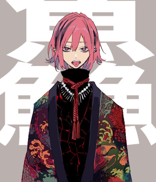 an animestyle character with pink hair, tongue piercing, and fang teeth is wearing a black turtleneck and a kimono with dragon and fish designs. the character has an earring and is wearing a red rope necklace. the background features stylized japanese calligraphy.