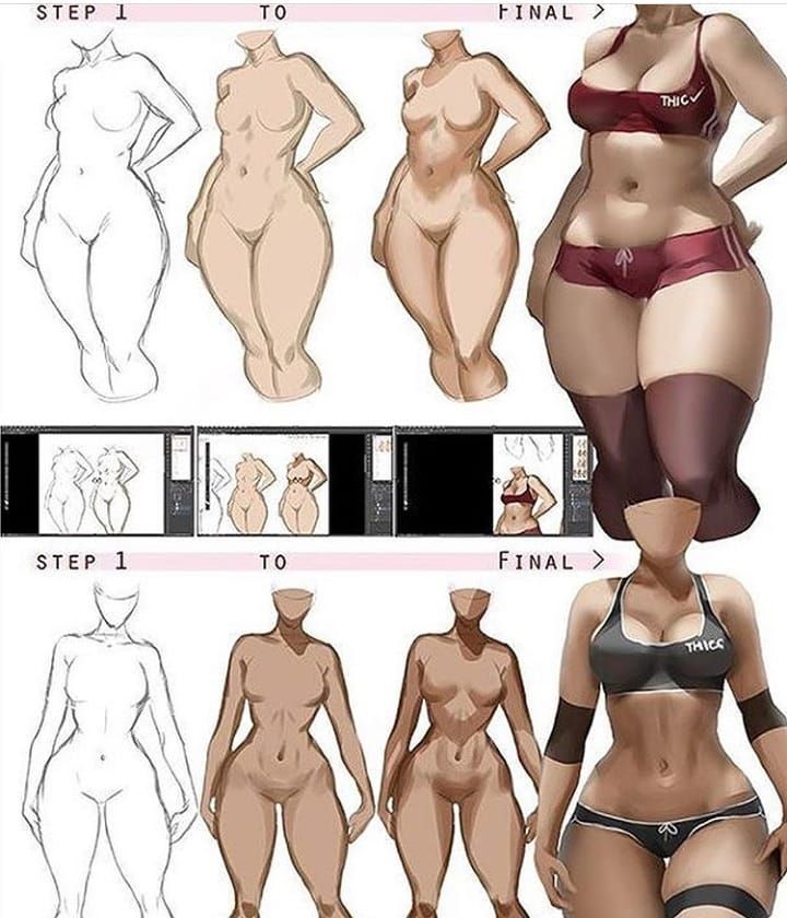 the image showcases a stepbystep tutorial on drawing a curvy female figure. it presents two sets of three stages, guiding the viewer from a basic line drawing to a fully rendered figure with shading and clothing. the final drawings feature the woman in a sporty outfit, emphasizing her physique. the bottom set of images specifically focuses on the torso and legs, highlighting the shading and muscle definition.