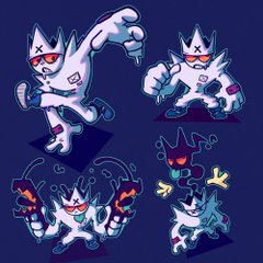 a digitally drawn cartoon character presented as four different poses against a navy blue background. the character is white and spiky with a crownlike shape on its head and x's for eyes.  it has drips of black and yellow emanating from it.