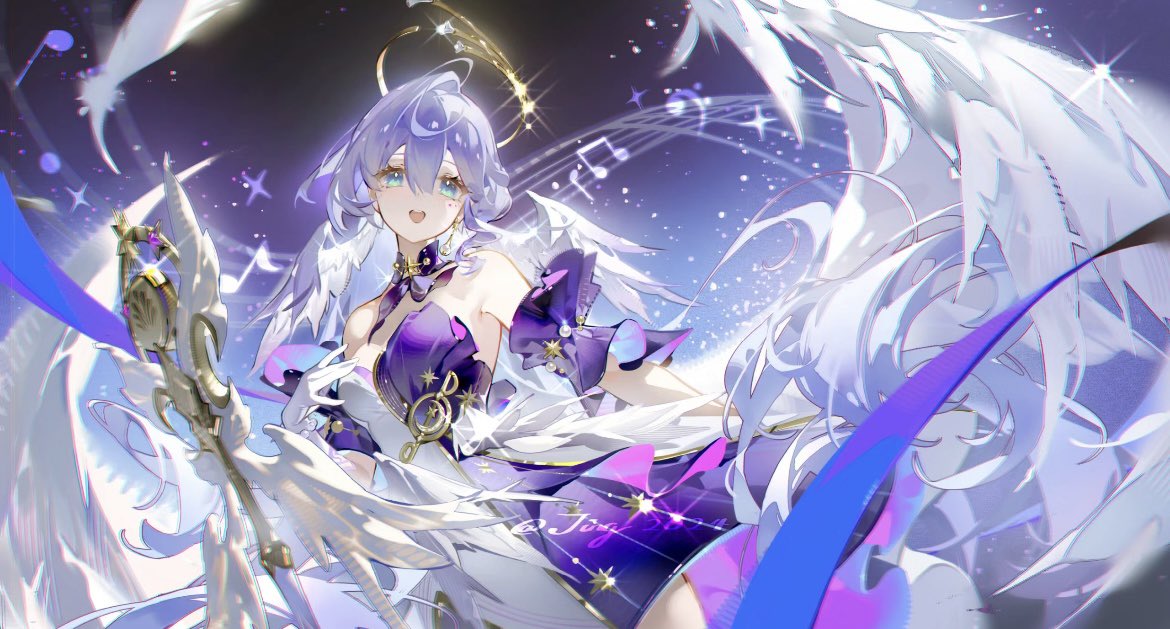 the illustration features a beautiful anime girl with flowing purple hair and angel wings, dressed in a sparkling purple and white dress. she holds a golden staff and is surrounded by musical notes and a dreamy, starlit background. her expression is joyful and radiant, creating a sense of wonder and magic.